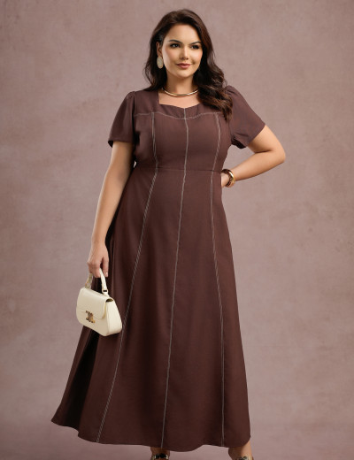 Vestido Longo Com Pesponto Marrom 