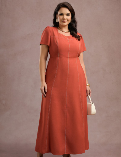 Vestido Longo Com Pesponto Telha