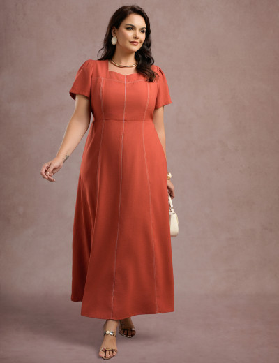 Vestido Longo Com Pesponto Telha