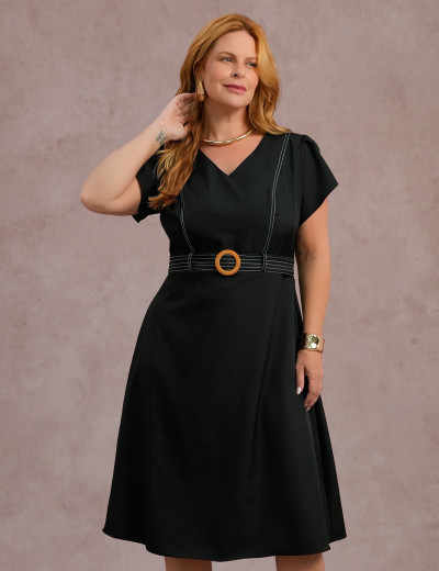 Vestido Mid Com Pesponto Preto