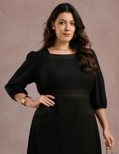 Vestido Longo Com Pesponto Preto