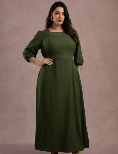 Vestido Longo Com Pesponto Musgo