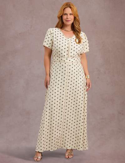 Vestido Longo Estampado Poá Bege 