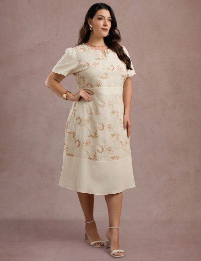 Vestido Midi Linho Com Bordado Bege 