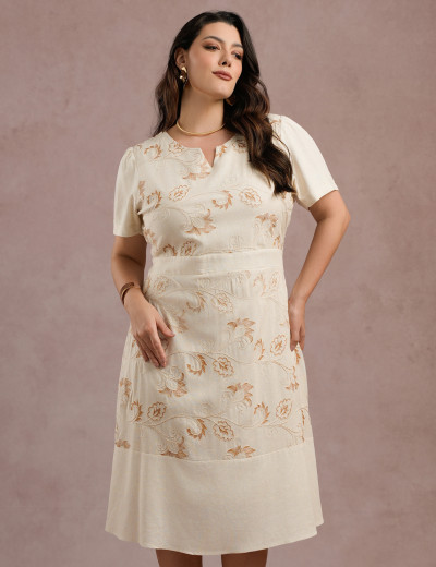 Vestido Midi Linho Com Bordado Bege 