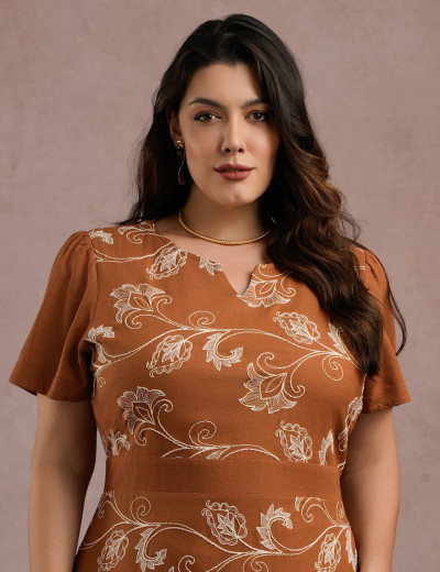 Vestido Midi Linho Com Bordado Marrom 