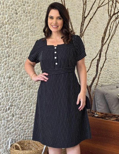 Vestido Midi Risca De Giz Preto