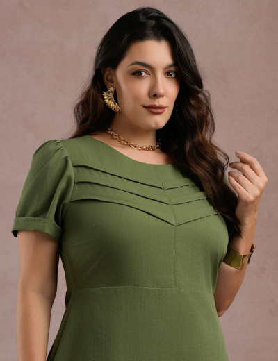 Vestido Midi Frente Com Nervuras Verde 