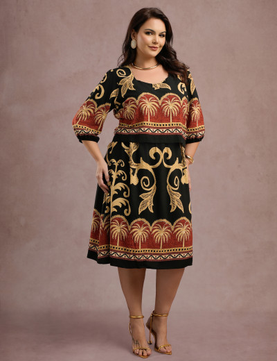 Vestido Midi Barrado Manga 3/4 Preto