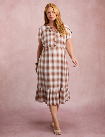 Vestido Midi Xadrez Com Botão Marrom