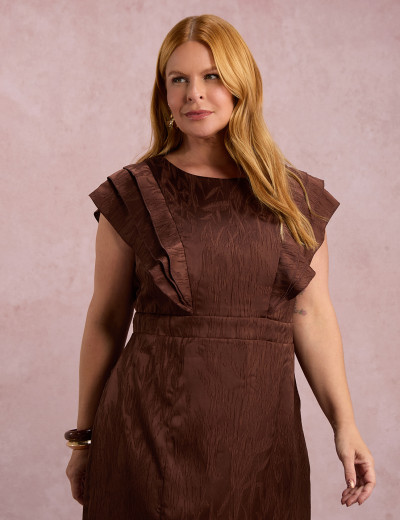 Vestido Midi Com Babados Marrom 
