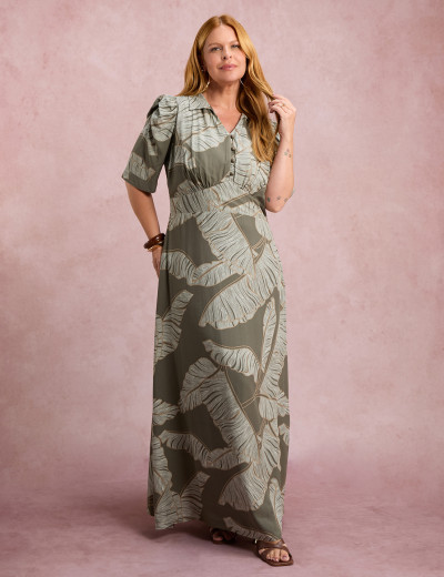 Vestido Longo Estampado Botões Musgo