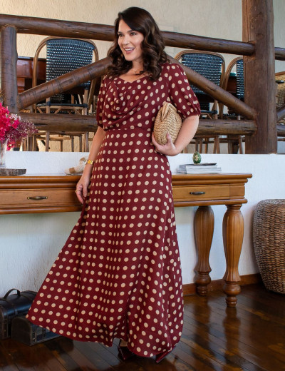 Vestido Longo Poá Gola Boba Vinho