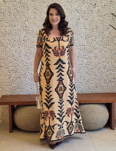 Vestido Longo Estampado Bege 