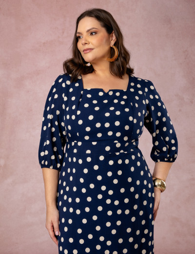 Vestido Midi Decote Princesa Poá Marinho