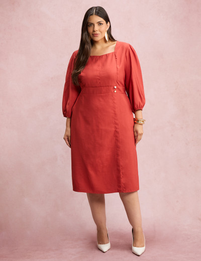 Vestido Midi Botões Metais Na Pala Telha