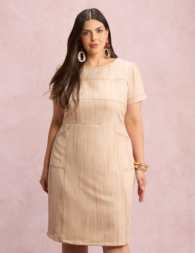 Vestido Midi Com Textura Bolso Bege 