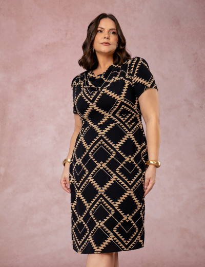 Vestido Midi Estampado Gola Boba Preto