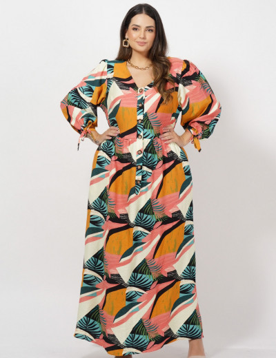 Vestido Longo Viscose Botões Frontal Salmão