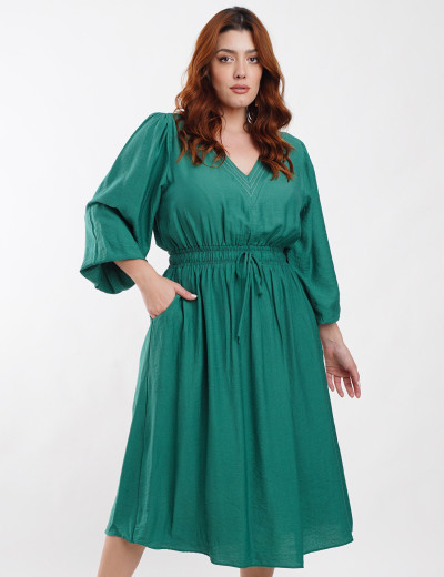Vestido Midi Viscose Poliamida Pesponto Verde 