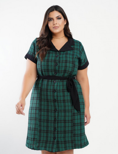 Vestido Curto Tweed Com Cinto Verde