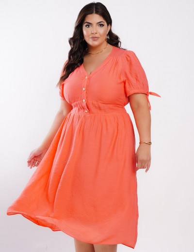 Vestido Midi Poliviscose Com Botão Metal Laranja