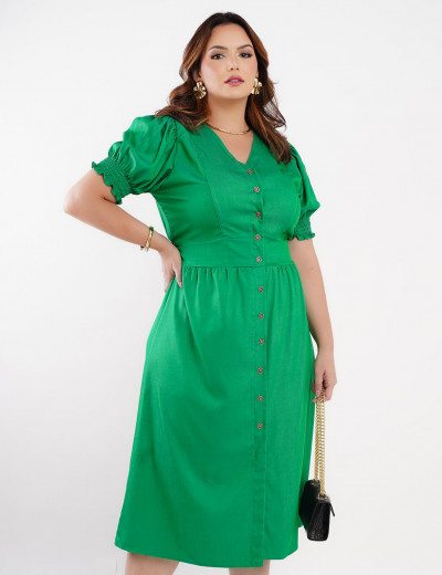 Vestido Midi Chambray Denim Com Botões Verde
