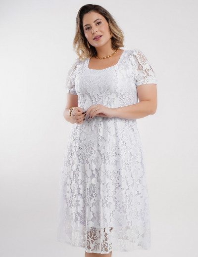 Vestido Midi De Renda Decote Princesa Branco