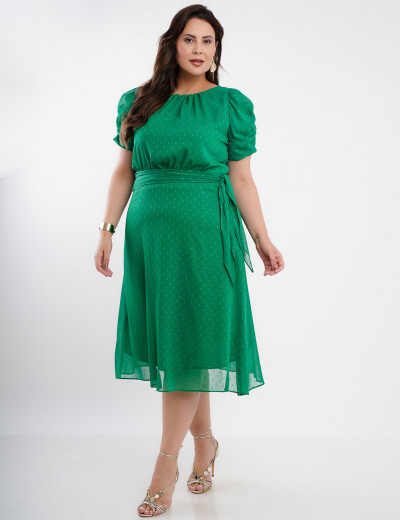Vestido Midi Chiffon Textura Com Lurex Verde