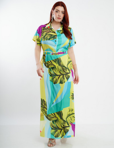 Vestido Longo Crepe Twill Com Botão Dourado Verde 
