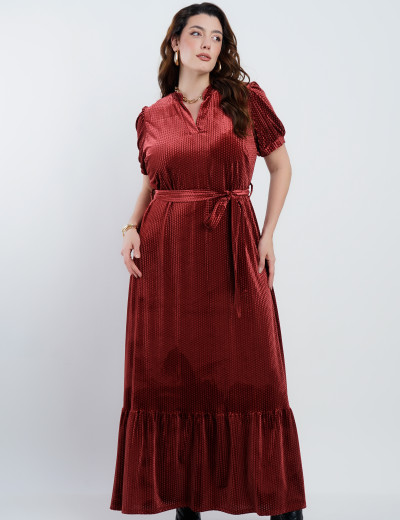 Vestido Longo Veludo Com Cinto Vinho