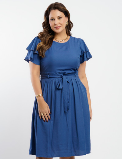 Vestido Curto Poliviscose Com Cinto Azul