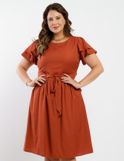 Vestido Curto Poliviscose Com Cinto Telha