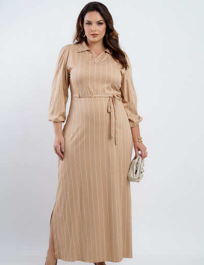 Vestido Longo Alfaiataria Twill Listrado Bege 