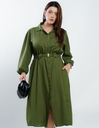 Vestido Midi Chemise Misto Com Cinto Elástico Musgo
