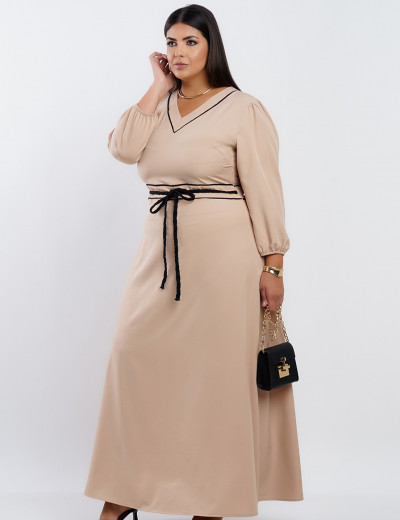 Vestido Longo Com Cinto Transpassado Bege 