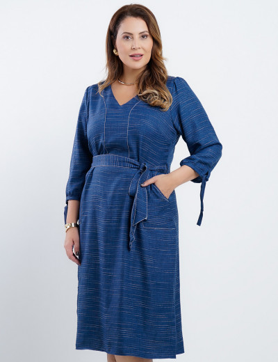 Vestido Midi Risca De Giz Com Pesponto Marinho