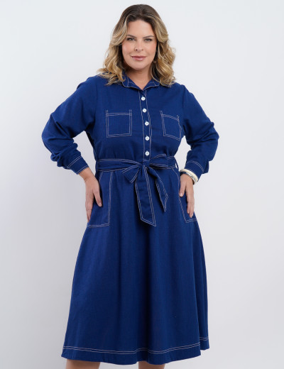 Vestido Midi Linho Misto Com Pesponto Marinho