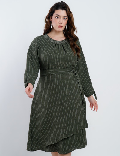 Vestido Midi Linho Poliéster Risca De Giz Musgo