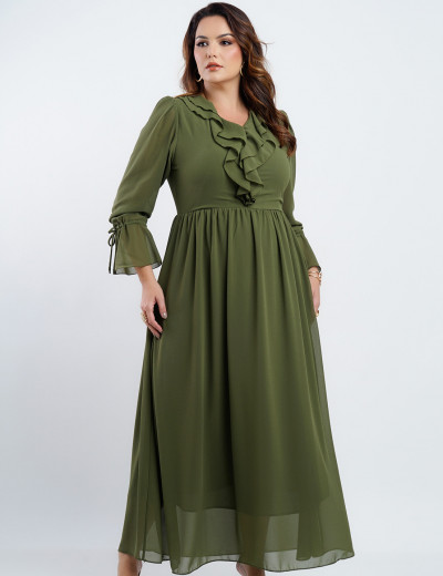 Vestido Longo Chiffon Com Babado Musgo