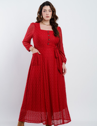  Vestido Longo Malha Renda Decote Quadrado Vermelho