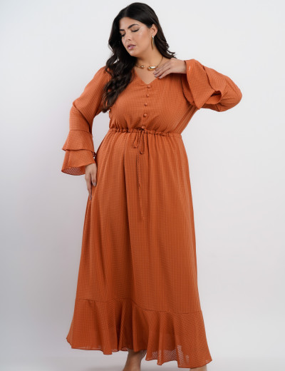 Vestido Longo Crepe Textura Xadrez Com Botão Terra
