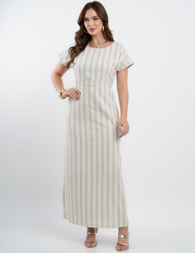 Vestido Longo Linho Misto Listrado Bege