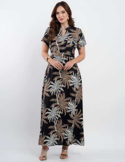 Vestido Longo Linho Misto Estampado Folhas Preto