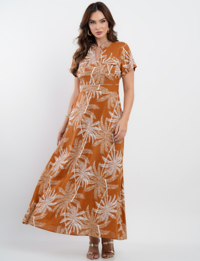 Vestido Longo Linho Misto Estampado Folhas Marrom