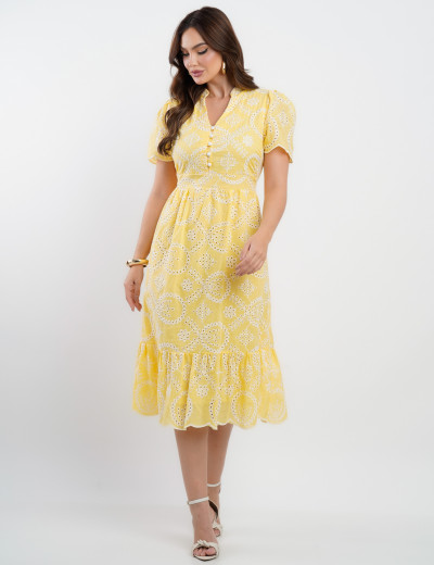 Vestido Midi Lasie Algodão com Botões  Amarelo