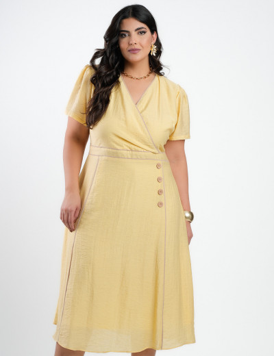 Vestido Midi Linho Misto Com Vivo Amarelo