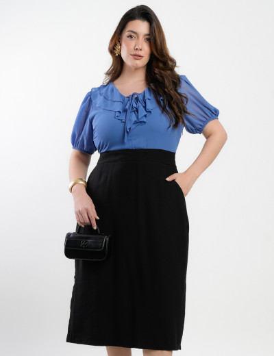 Vestido Midi Tubilnho Chiffon Com Alfaiataria Azul