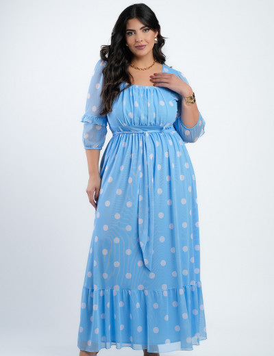 Vestido Longo Tule Estampado Poá Azul