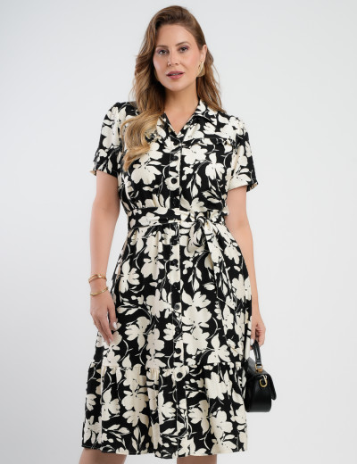 Vestido Midi Crepe Encorpado Estampado Preto